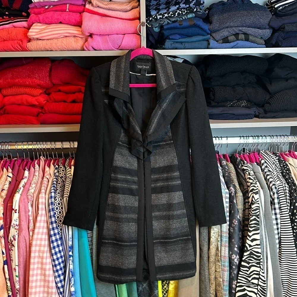 WHBM black and gray striped ruffle lapel see XS knee length coat